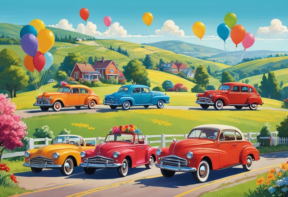 A whimsical landscape featuring vintage cars in bright, cheerful colors, each one adorned with playful decorations like balloons and flowers. The scene is filled with smiling characters enjoying a sunny day, with rolling hills and a clear blue sky in the background. Capture the joyful essence of a carefree drive with vibrant energy and an inviting atmosphere. cartoonish style. vibrant colors. sunny day.