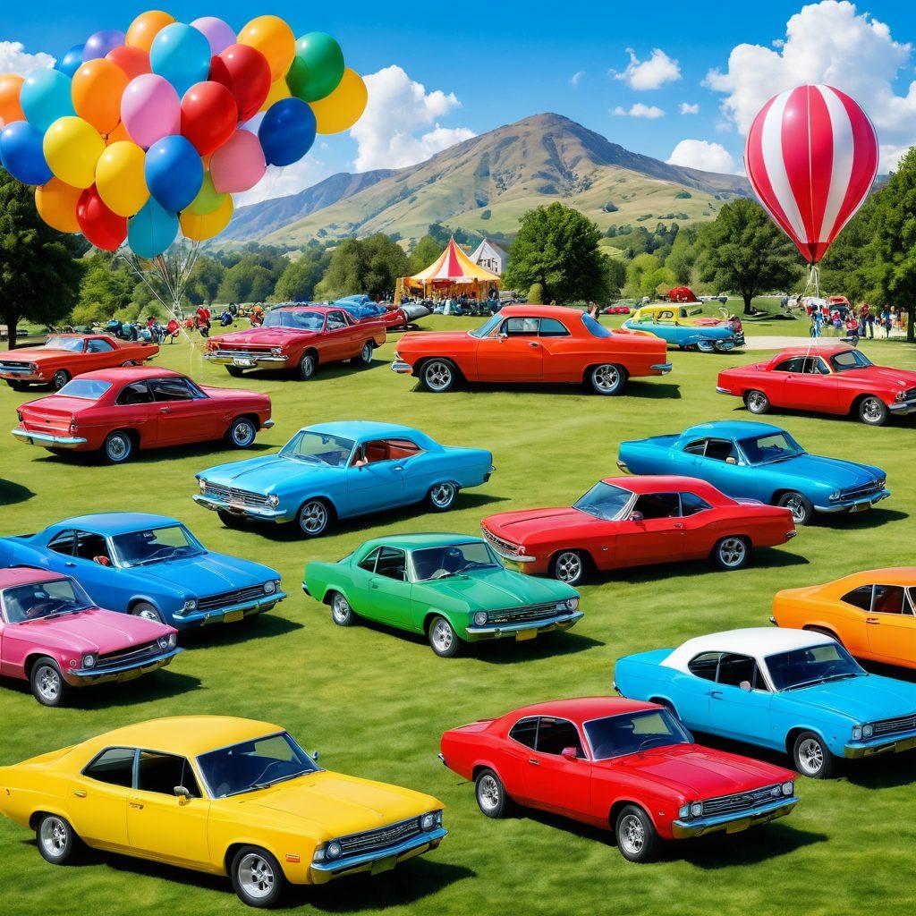 A vibrant scene featuring an array of cheerful cars in a sunlit park, each car showcasing unique bright colors and playful designs, surrounded by joyful families and children playing. Include balloons and picnic setups to enhance the lively atmosphere, with a backdrop of hills and a blue sky dotted with fluffy clouds. super-realistic. vibrant colors. white background.