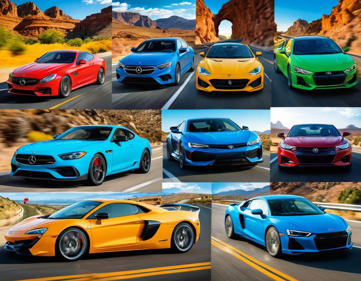 A collage of stylish, modern cars in dynamic poses showcasing their sleek designs and vibrant colors. The background features winding roads and scenic landscapes to evoke a sense of adventure and elation in driving. Include a diverse group of enthusiastic drivers enjoying their rides with expressions of joy and excitement. The overall atmosphere should be vibrant and engaging, highlighting the emotional connection between people and their cars. super-realistic. vibrant colors. dynamic composition.
